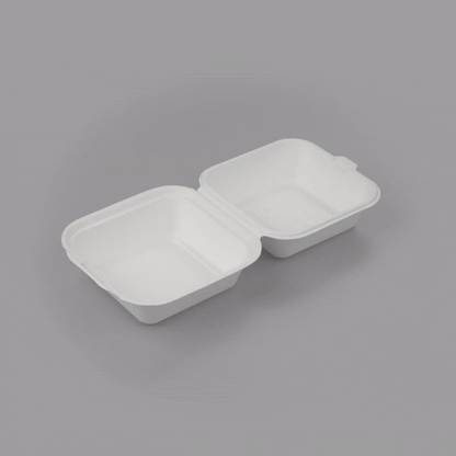 Pulp Safe No PFAS Added 15 oz Square White Sugarcane / Bagasse Clamshell Container - Home Compostable - 6" x 6" x 3" - 100 count box