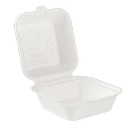 Pulp Safe No PFAS Added 15 oz Square White Sugarcane / Bagasse Clamshell Container - Home Compostable - 6" x 6" x 3" - 100 count box