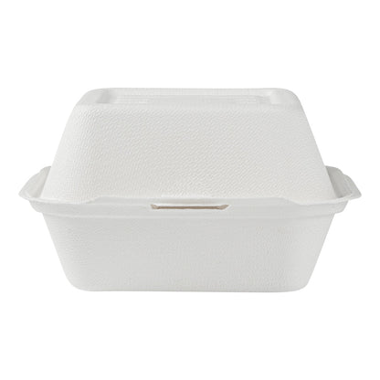 Pulp Safe No PFAS Added 15 oz Square White Sugarcane / Bagasse Clamshell Container - Home Compostable - 6" x 6" x 3" - 100 count box
