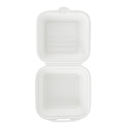Pulp Safe No PFAS Added 15 oz Square White Sugarcane / Bagasse Clamshell Container - Home Compostable - 6" x 6" x 3" - 100 count box