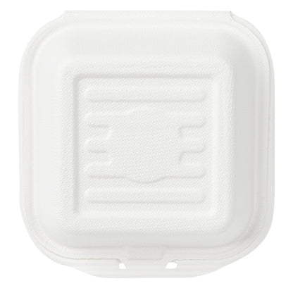 Pulp Safe No PFAS Added 15 oz Square White Sugarcane / Bagasse Clamshell Container - Home Compostable - 6" x 6" x 3" - 100 count box