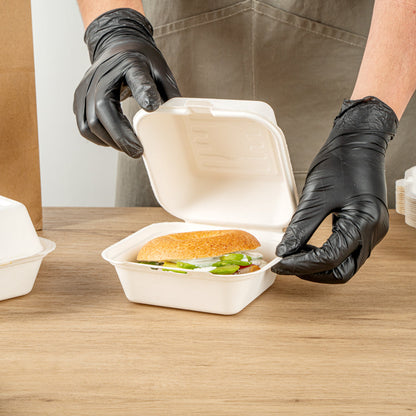 Pulp Safe No PFAS Added 15 oz Square White Sugarcane / Bagasse Clamshell Container - Home Compostable - 6" x 6" x 3" - 100 count box