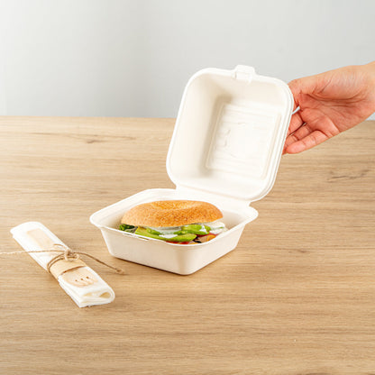 Pulp Safe No PFAS Added 15 oz Square White Sugarcane / Bagasse Clamshell Container - Home Compostable - 6" x 6" x 3" - 100 count box