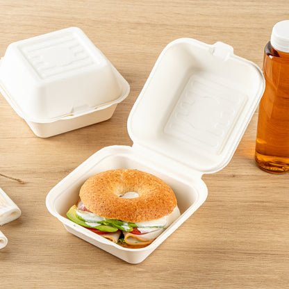 Pulp Safe No PFAS Added 15 oz Square White Sugarcane / Bagasse Clamshell Container - Home Compostable - 6" x 6" x 3" - 100 count box