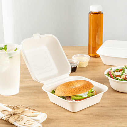 Pulp Safe No PFAS Added 15 oz Square White Sugarcane / Bagasse Clamshell Container - Home Compostable - 6" x 6" x 3" - 100 count box