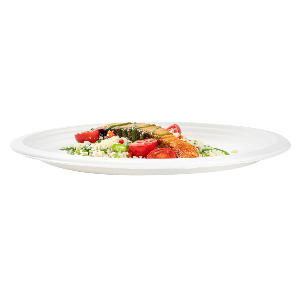 Pulp Safe No PFAS Added Oval White Sugarcane / Bagasse Large Plate - Home Compostable - 12 1/2" x 10" x 1" - 100 count box