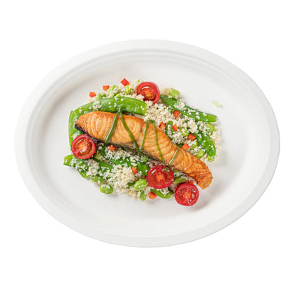 Pulp Safe No PFAS Added Oval White Sugarcane / Bagasse Large Plate - Home Compostable - 12 1/2" x 10" x 1" - 100 count box
