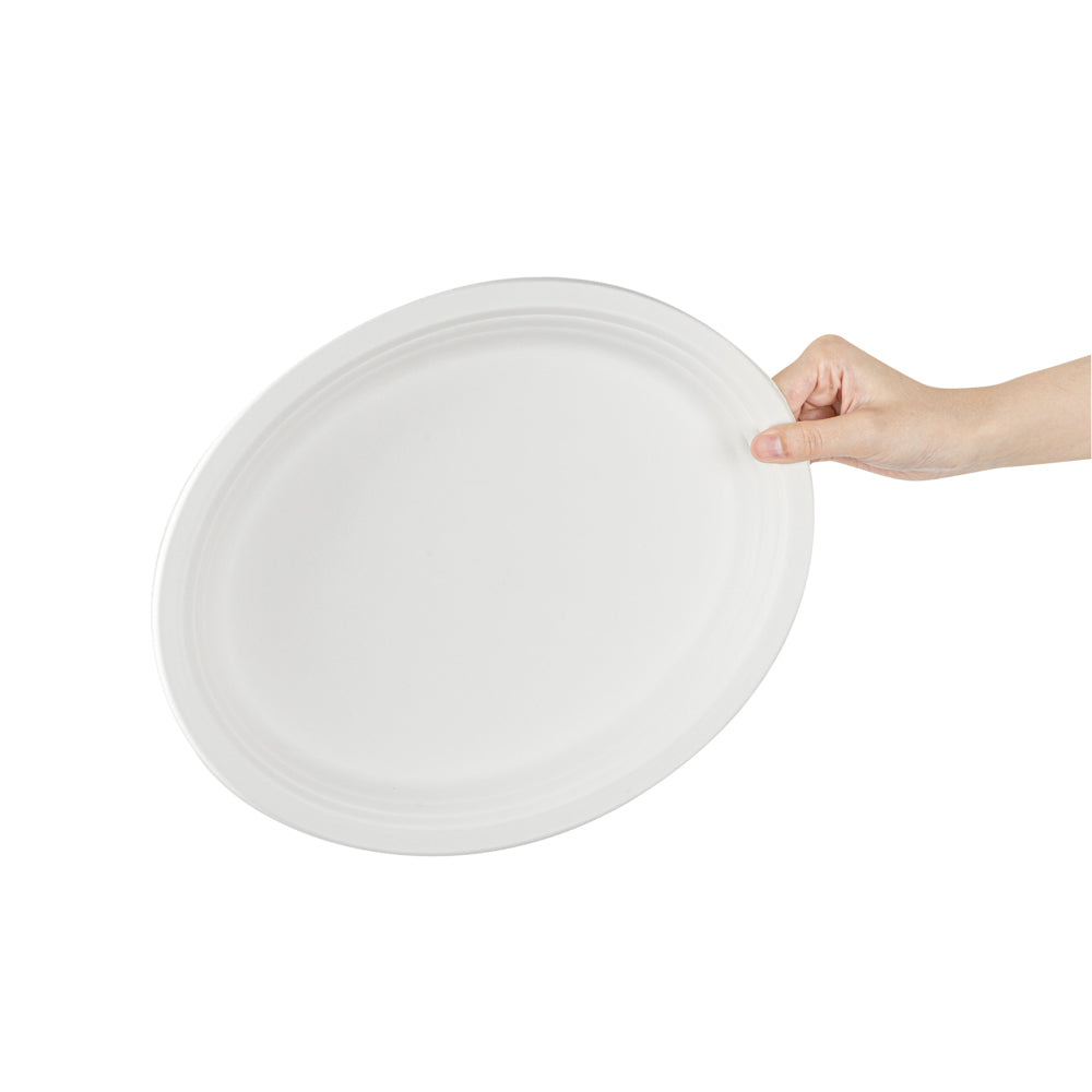 Pulp Safe No PFAS Added Oval White Sugarcane / Bagasse Large Plate - Home Compostable - 12 1/2" x 10" x 1" - 100 count box
