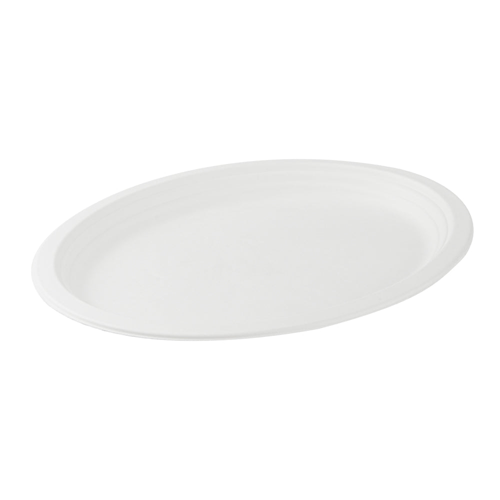 Pulp Safe No PFAS Added Oval White Sugarcane / Bagasse Large Plate - Home Compostable - 12 1/2" x 10" x 1" - 100 count box