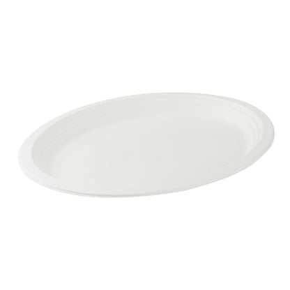 Pulp Safe No PFAS Added Oval White Sugarcane / Bagasse Large Plate - Home Compostable - 12 1/2" x 10" x 1" - 100 count box