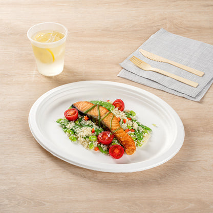 Pulp Safe No PFAS Added Oval White Sugarcane / Bagasse Large Plate - Home Compostable - 12 1/2" x 10" x 1" - 100 count box
