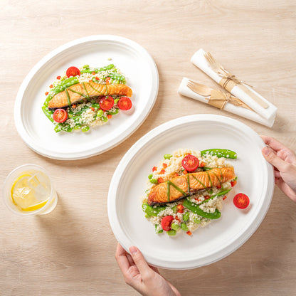 Pulp Safe No PFAS Added Oval White Sugarcane / Bagasse Large Plate - Home Compostable - 12 1/2" x 10" x 1" - 100 count box