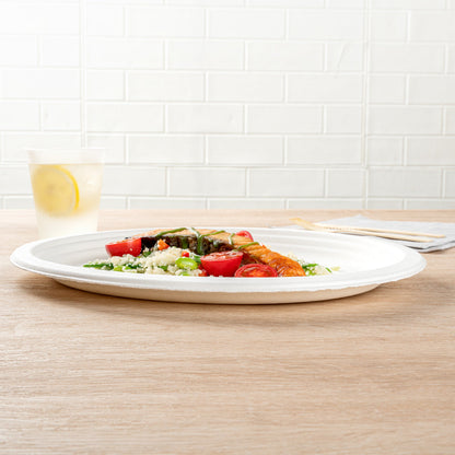 Pulp Safe No PFAS Added Oval White Sugarcane / Bagasse Large Plate - Home Compostable - 12 1/2" x 10" x 1" - 100 count box