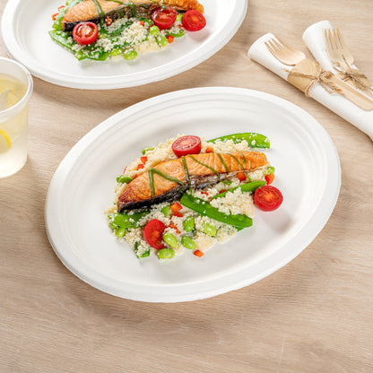 Pulp Safe No PFAS Added Oval White Sugarcane / Bagasse Large Plate - Home Compostable - 12 1/2" x 10" x 1" - 100 count box