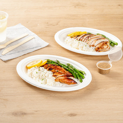 Pulp Safe No PFAS Added Oval White Sugarcane / Bagasse Medium Plate - Home Compostable - 10 1/2" x 7 3/4" x 3/4" - 100 count box