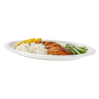 Pulp Safe No PFAS Added Oval White Sugarcane / Bagasse Medium Plate - Home Compostable - 10 1/2" x 7 3/4" x 3/4" - 100 count box