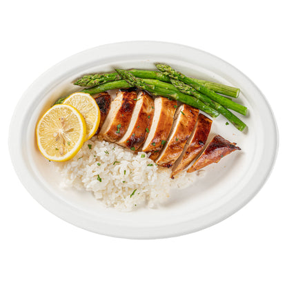 Pulp Safe No PFAS Added Oval White Sugarcane / Bagasse Medium Plate - Home Compostable - 10 1/2" x 7 3/4" x 3/4" - 100 count box