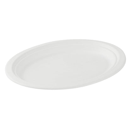 Pulp Safe No PFAS Added Oval White Sugarcane / Bagasse Medium Plate - Home Compostable - 10 1/2" x 7 3/4" x 3/4" - 100 count box