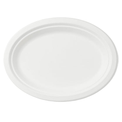 Pulp Safe No PFAS Added Oval White Sugarcane / Bagasse Medium Plate - Home Compostable - 10 1/2" x 7 3/4" x 3/4" - 100 count box