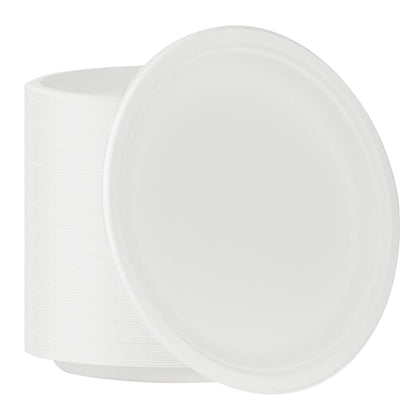 Pulp Safe No PFAS Added Round White Sugarcane / Bagasse Large Plate - Home Compostable - 10 1/4" x 10 1/4" x 3/4" - 100 count box