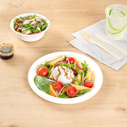 Pulp Safe No PFAS Added Round White Sugarcane / Bagasse Large Plate - Home Compostable - 10 1/4" x 10 1/4" x 3/4" - 100 count box
