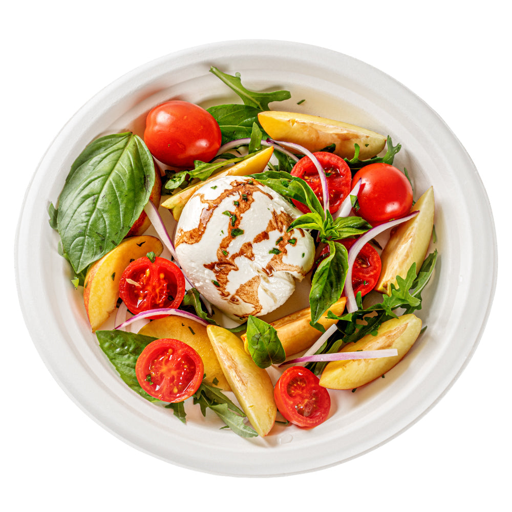 Pulp Safe No PFAS Added Round White Sugarcane / Bagasse Large Plate - Home Compostable - 10 1/4" x 10 1/4" x 3/4" - 100 count box