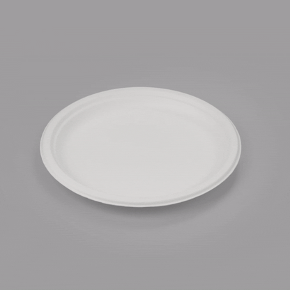 Pulp Safe No PFAS Added Round White Sugarcane / Bagasse Large Plate - Home Compostable - 10 1/4" x 10 1/4" x 3/4" - 100 count box