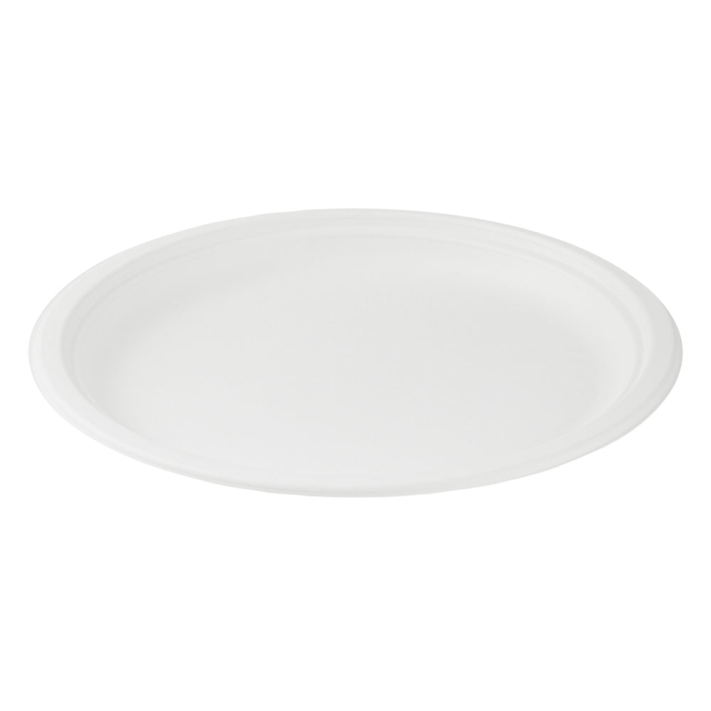 Pulp Safe No PFAS Added Round White Sugarcane / Bagasse Large Plate - Home Compostable - 10 1/4" x 10 1/4" x 3/4" - 100 count box