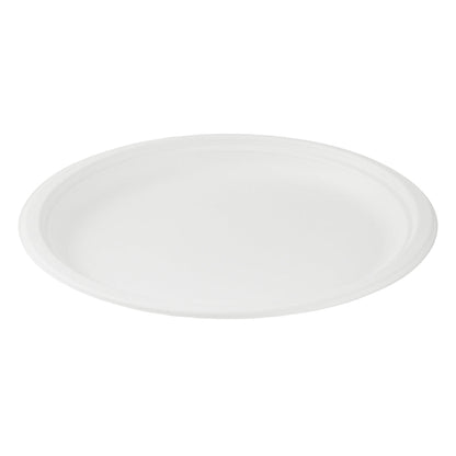 Pulp Safe No PFAS Added Round White Sugarcane / Bagasse Large Plate - Home Compostable - 10 1/4" x 10 1/4" x 3/4" - 100 count box
