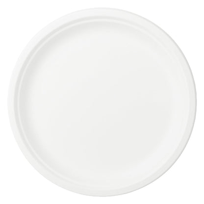 Pulp Safe No PFAS Added Round White Sugarcane / Bagasse Large Plate - Home Compostable - 10 1/4" x 10 1/4" x 3/4" - 100 count box