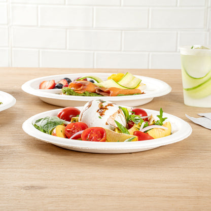 Pulp Safe No PFAS Added Round White Sugarcane / Bagasse Large Plate - Home Compostable - 10 1/4" x 10 1/4" x 3/4" - 100 count box