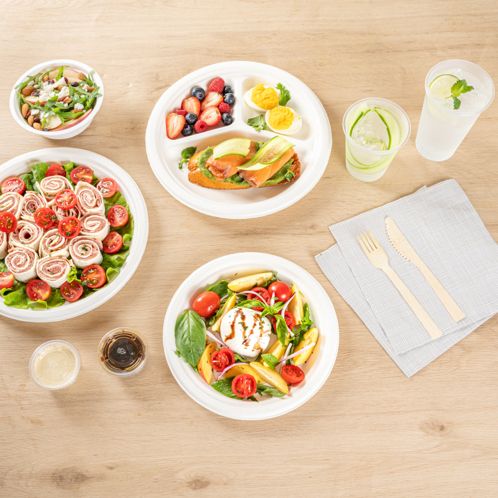 Pulp Safe No PFAS Added Round White Sugarcane / Bagasse Large Plate - Home Compostable - 10 1/4" x 10 1/4" x 3/4" - 100 count box