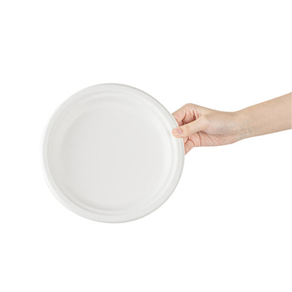 Pulp Safe No PFAS Added Round White Sugarcane / Bagasse Medium Plate - Home Compostable - 8 3/4" x 8 3/4" x 3/4" - 100 count box