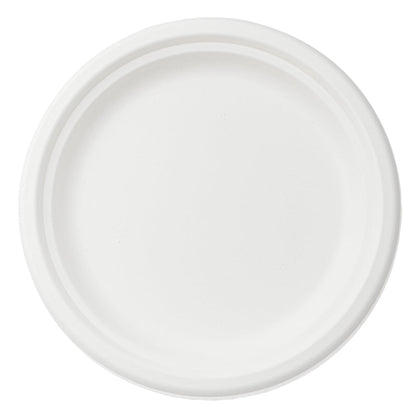 Pulp Safe No PFAS Added Round White Sugarcane / Bagasse Medium Plate - Home Compostable - 8 3/4" x 8 3/4" x 3/4" - 100 count box