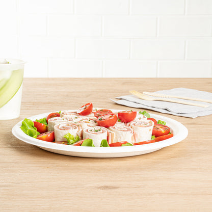 Pulp Safe No PFAS Added Round White Sugarcane / Bagasse Medium Plate - Home Compostable - 8 3/4" x 8 3/4" x 3/4" - 100 count box