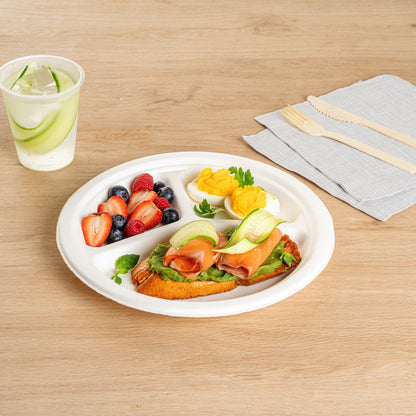 Pulp Safe No PFAS Added White Sugarcane / Bagasse Plate - Home Compostable, 3-Compartment - 10 1/4" x 10 1/4" x 1" - 100 count box