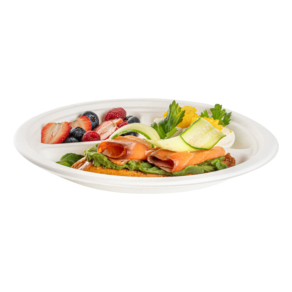 Pulp Safe No PFAS Added White Sugarcane / Bagasse Plate - Home Compostable, 3-Compartment - 10 1/4" x 10 1/4" x 1" - 100 count box