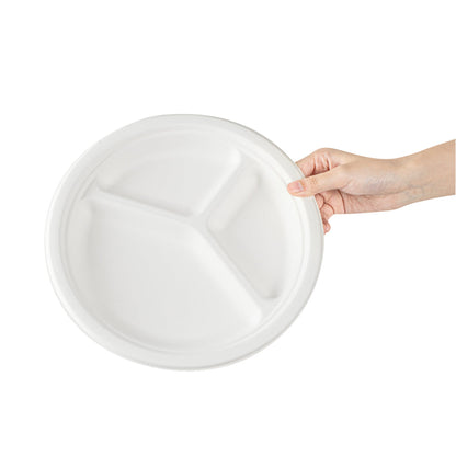 Pulp Safe No PFAS Added White Sugarcane / Bagasse Plate - Home Compostable, 3-Compartment - 10 1/4" x 10 1/4" x 1" - 100 count box