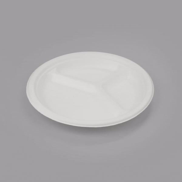 Pulp Safe No PFAS Added White Sugarcane / Bagasse Plate - Home Compostable, 3-Compartment - 10 1/4" x 10 1/4" x 1" - 100 count box