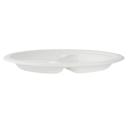 Pulp Safe No PFAS Added White Sugarcane / Bagasse Plate - Home Compostable, 3-Compartment - 10 1/4" x 10 1/4" x 1" - 100 count box
