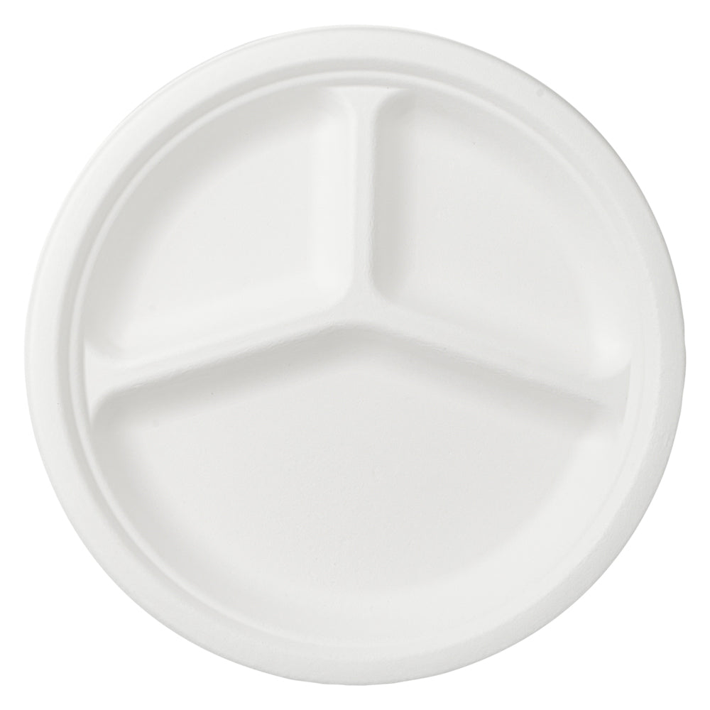 Pulp Safe No PFAS Added White Sugarcane / Bagasse Plate - Home Compostable, 3-Compartment - 10 1/4" x 10 1/4" x 1" - 100 count box