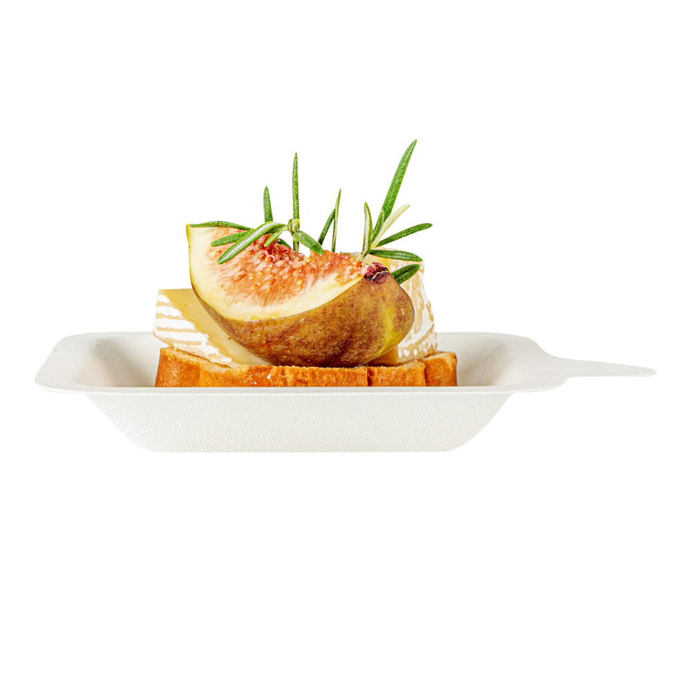 Pulp Safe No PFAS Added Square White Sugarcane / Bagasse Small Plate - Home Compostable - 4 1/4" x 5" x 1/2" - 100 count box