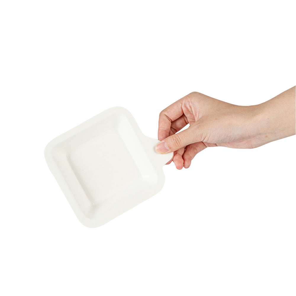 Pulp Safe No PFAS Added Square White Sugarcane / Bagasse Small Plate - Home Compostable - 4 1/4" x 5" x 1/2" - 100 count box
