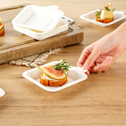 Pulp Safe No PFAS Added Square White Sugarcane / Bagasse Small Plate - Home Compostable - 4 1/4" x 5" x 1/2" - 100 count box