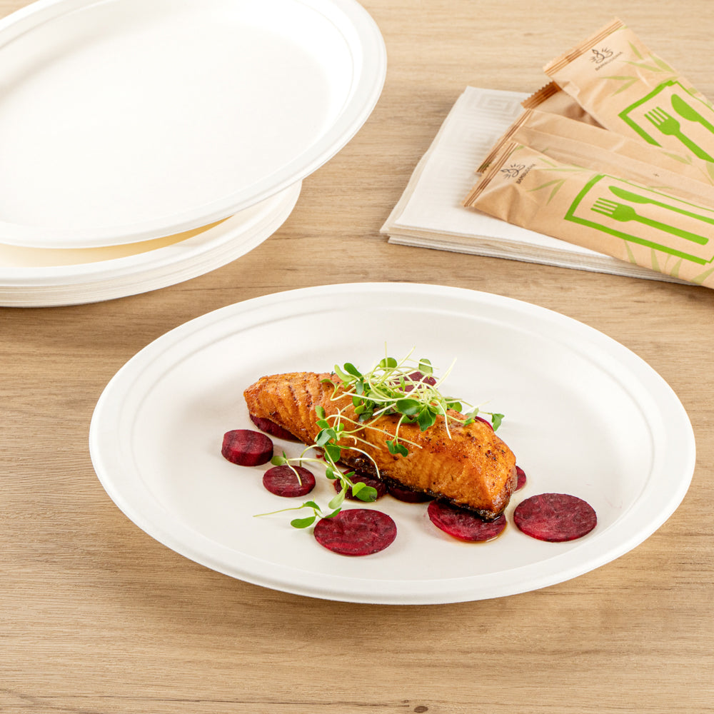 Pulp Safe No PFAS Added Round White Sugarcane / Bagasse Extra Large Plate - Home Compostable - 11 3/4" x 11 3/4" x 1" - 100 count box