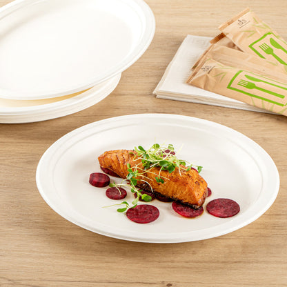 Pulp Safe No PFAS Added Round White Sugarcane / Bagasse Extra Large Plate - Home Compostable - 11 3/4" x 11 3/4" x 1" - 100 count box