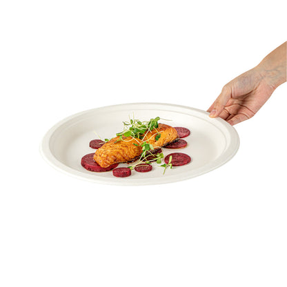 Pulp Safe No PFAS Added Round White Sugarcane / Bagasse Extra Large Plate - Home Compostable - 11 3/4" x 11 3/4" x 1" - 100 count box