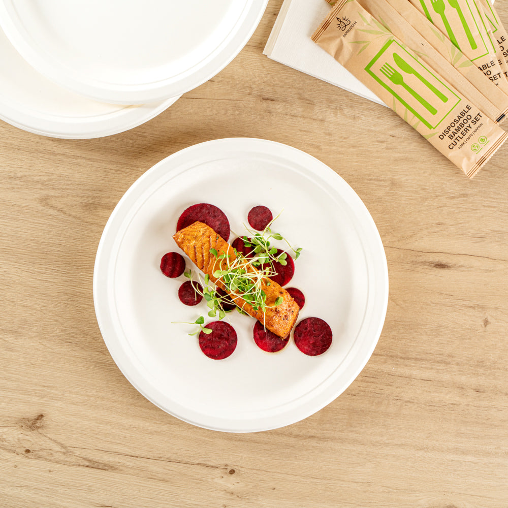 Pulp Safe No PFAS Added Round White Sugarcane / Bagasse Extra Large Plate - Home Compostable - 11 3/4" x 11 3/4" x 1" - 100 count box