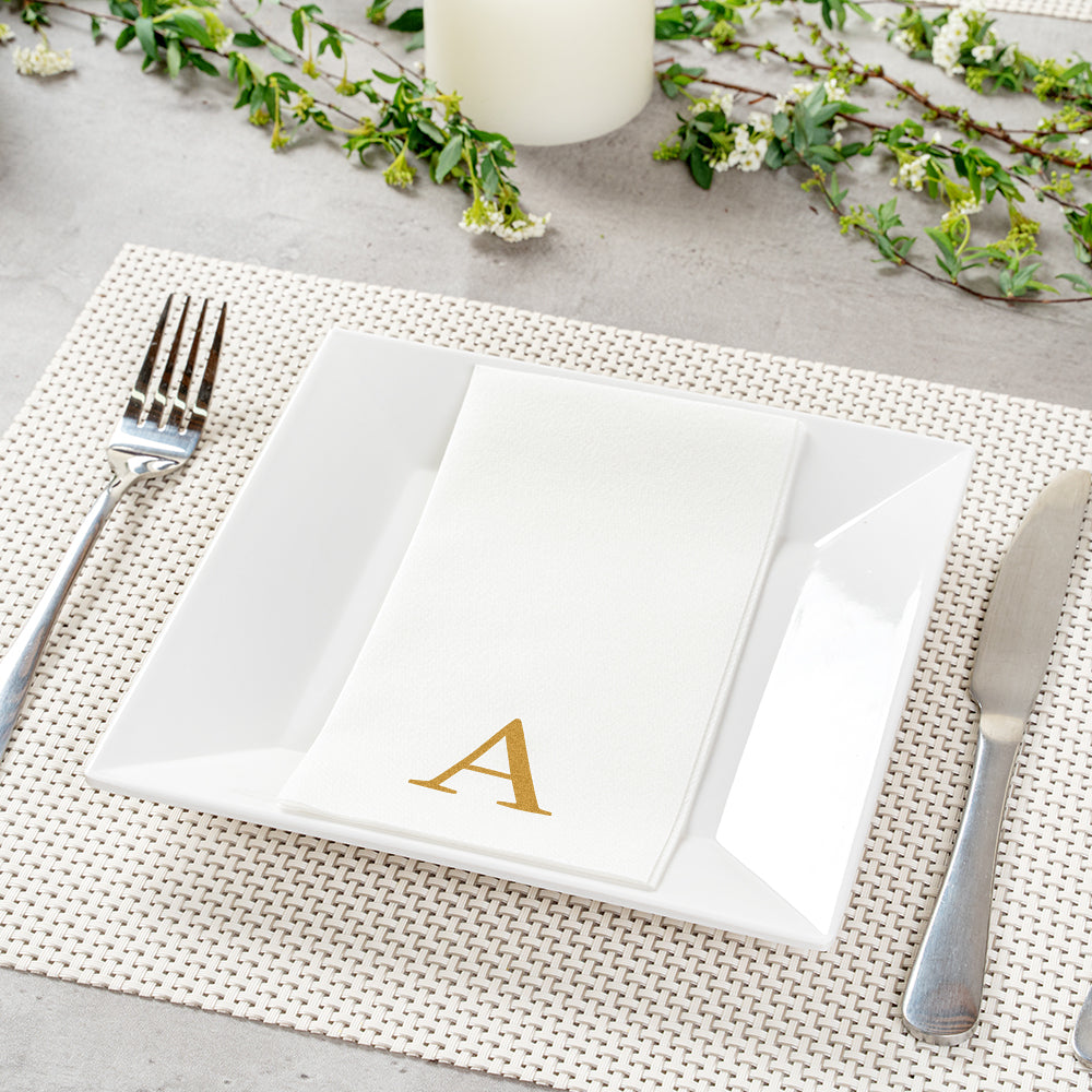 Luxenap Rectangle Gold Letter A White Paper Linen-Feel Guest Towel / Napkin - Air Laid, Sans Serif Font - 15 3/4" x 8" - 50 count box