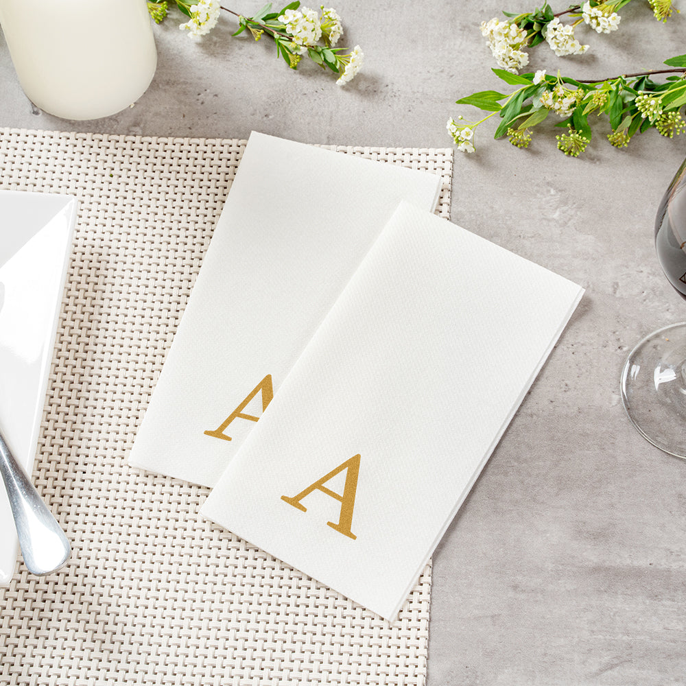 Luxenap Rectangle Gold Letter A White Paper Linen-Feel Guest Towel / Napkin - Air Laid, Sans Serif Font - 15 3/4" x 8" - 2000 count box
